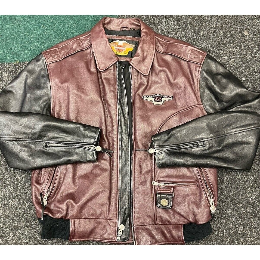 Harley Davidson 95th Anniversary Bomber Leather Jacket Mens Size Xl Burg/Blk